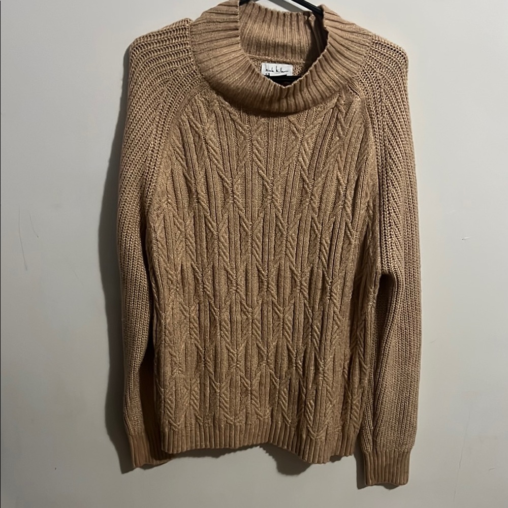 Nicole Miller Tan Cowl Neck Cable Knit Sweater